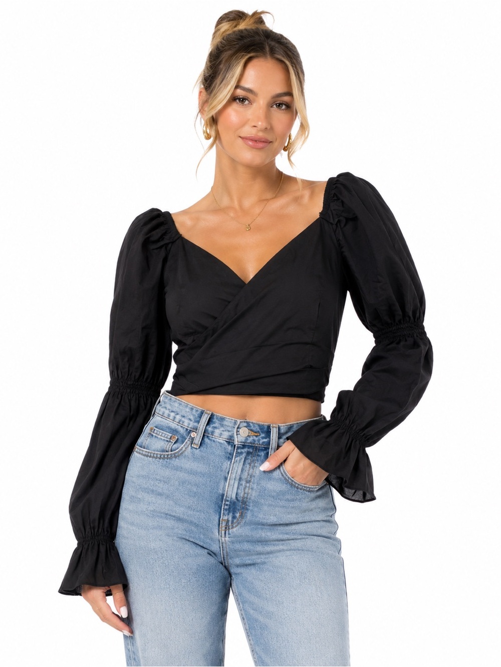 White Birch Black Puff Sleeve Wrap Crop Top Size M Cottagecore Romantic